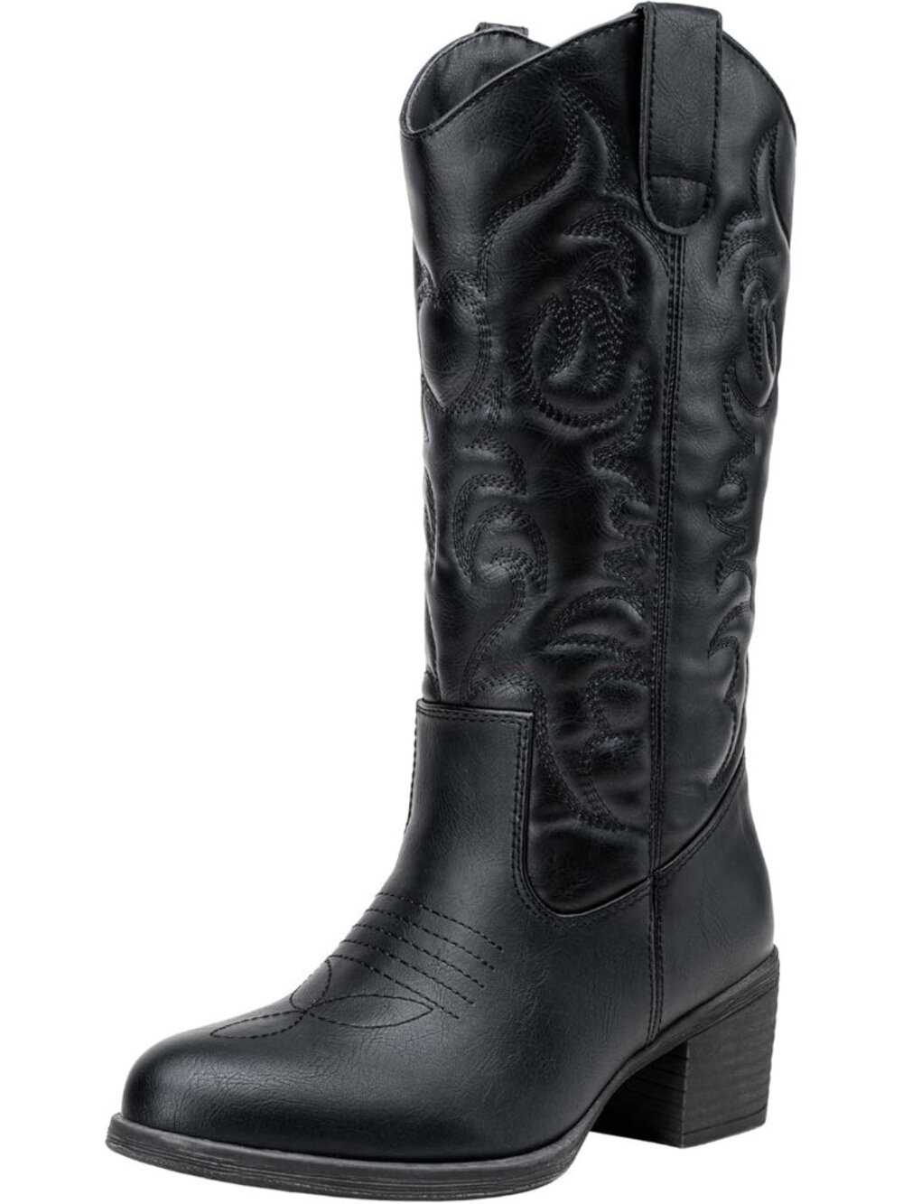Women's Cowboy Boots Western Cowgirl Round Toe Mid Calf Boot Faux Leather Black